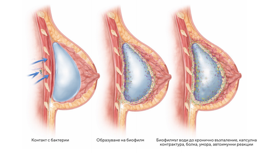 микробна обвивка, изградена от бактерии, полепнали по силикона