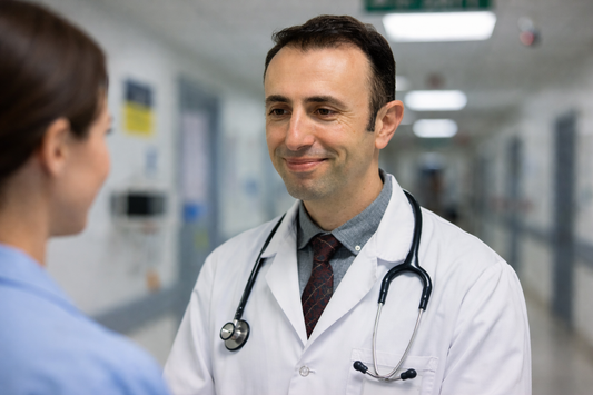 Мъж лекар с бяла престилка и стетоскоп разговаря спокойно с пациент в болничен коридор.